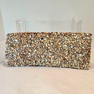 MOYNA Vintage Seashell Clutch, Shell Covered Fold Over Purse, Long Slim Clutch